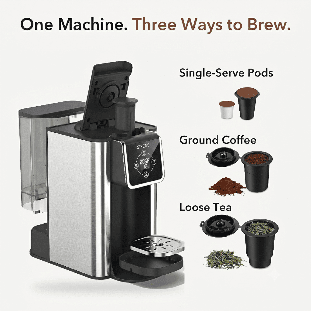 SIFENE 3-in-1 Single Serve Coffee Maker, Compatible with K Cup Capsules & Grounds, Tea Maker, 6-10 Oz Brew Sizes, 50 Oz Removable Reservoir, Fast Brew, Compact Design, 120V 1150W, Black