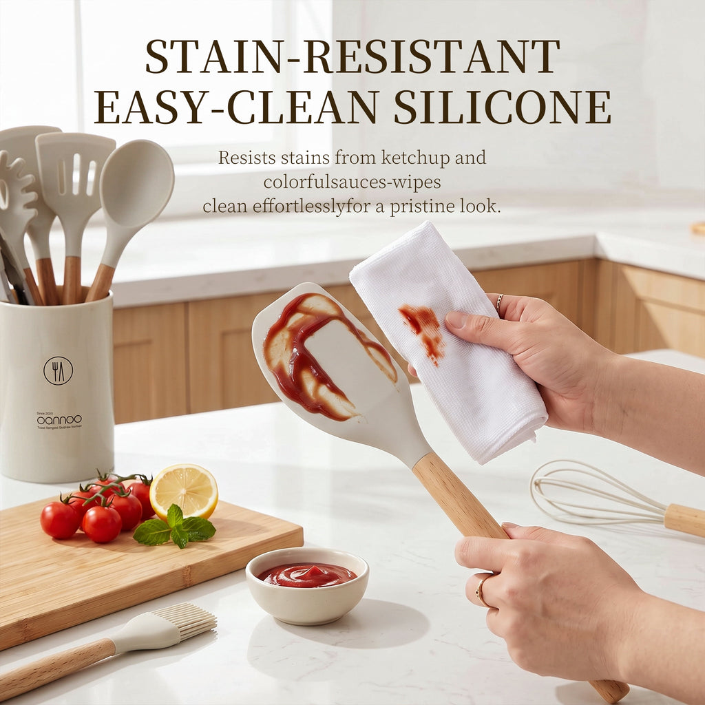 Silicone Cooking Utensils Set - Silicone Kitchen Utensils for Cooking Wooden Handles, 446°F Heat Resistant Kitchen Utensil Spatula Sets w Holder, Gadgets for Non-Stick Cookware BPA FREE (Black)