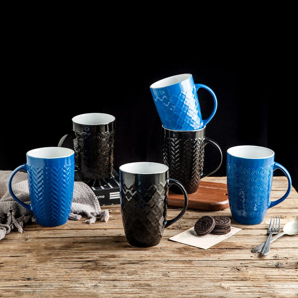 AmorArc Extra Large Coffee Mugs Set of 6, 20oz Ceramic Tall Coffee Mugs Set with Textured Geometric Patterns for Coffee/Tea/Beer/Hot Cocoa, Dishwasher & Microwave Safe,Beige