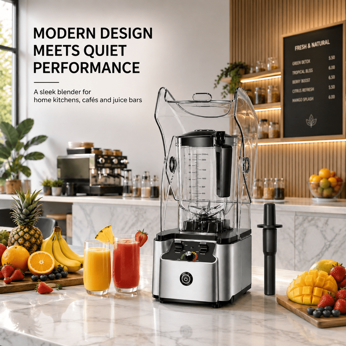 WantJoin Blender-Commercial Blender with Soundproof Shield, Enclosure 2200W ,Quiet Professional-Grade Power,Self-Cleaning,Gray