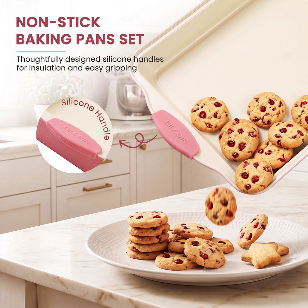 Kikcoin Bakeware Set, 21-Piece Baking Pans Set Kitchen Carbon Steel Baking Sheet Pans with Silicone Handles, Cookie Sheets Nonstick(Beige)