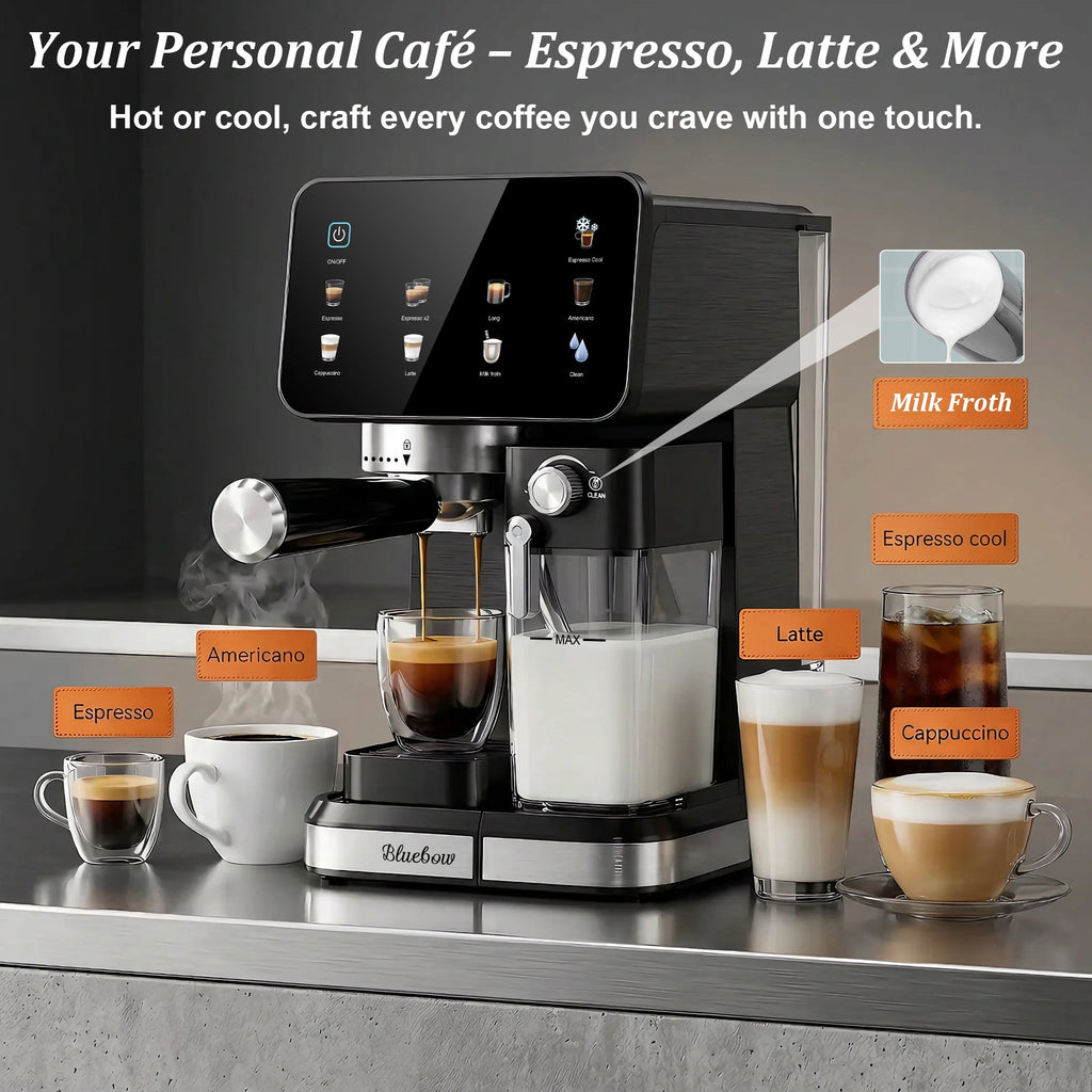 Espresso Machine with Built-In Milk Frother, 20-Bar Color Touchscreen Automatic Coffee Maker for Cold Brew Americano Cappuccino Latte, Perfect for Home Office Use, Black