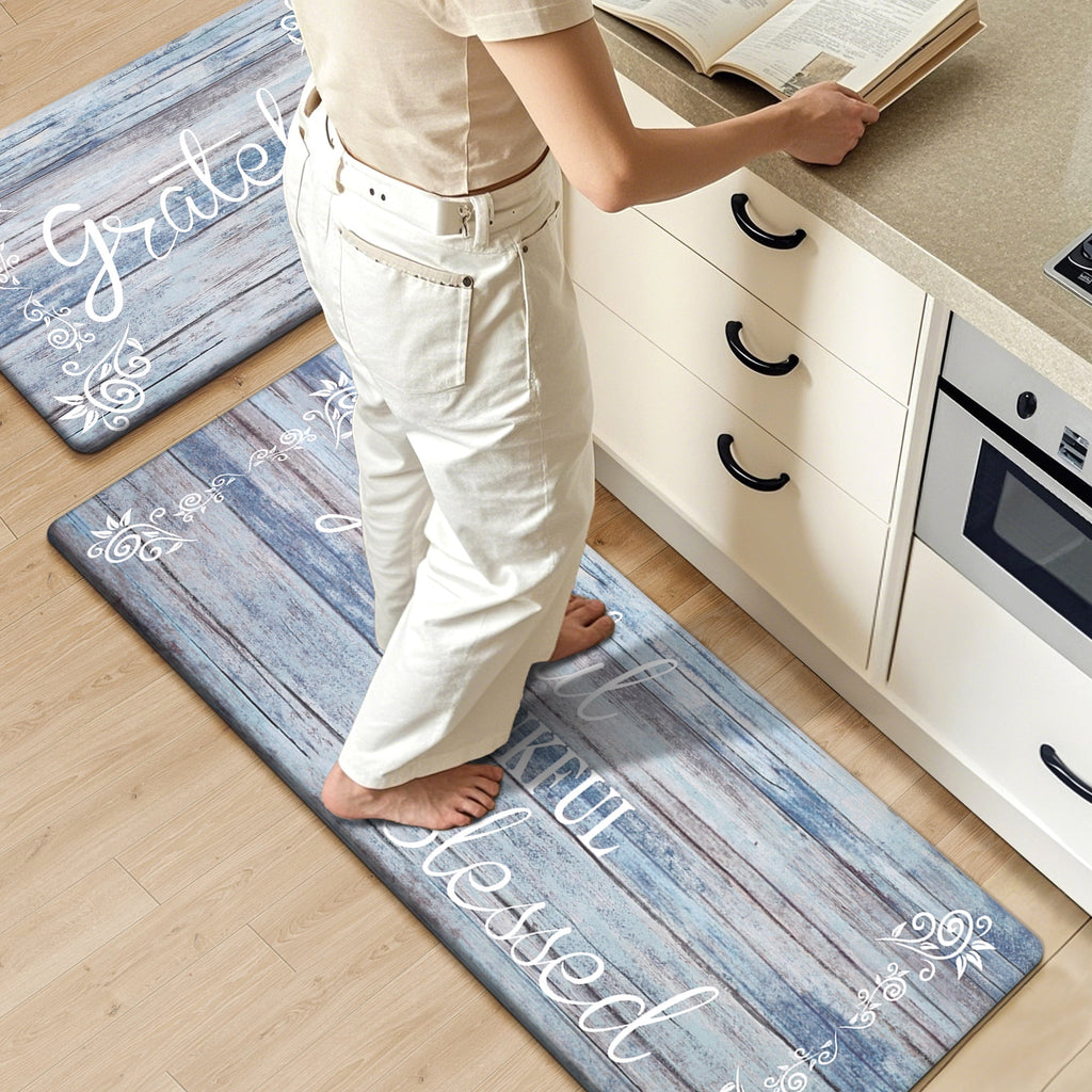 MeyJey Farmhouse Kitchen Rug Set of 2, Non-Slip Anti-Fatigue Waterproof Cushioned Mat for Kitchen, Dining & Laundry Room, 18"x30"+18"x48" Teal/Brown