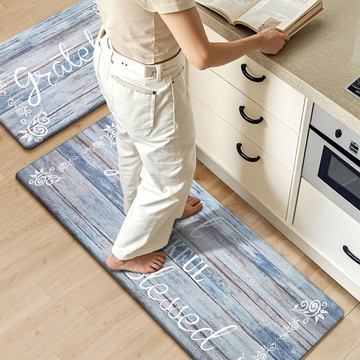 MeyJey Farmhouse Kitchen Rug Set of 2, Non-Slip Anti-Fatigue Waterproof Cushioned Mat for Kitchen, Dining & Laundry Room, 18"x30"+18"x48" Teal/Brown