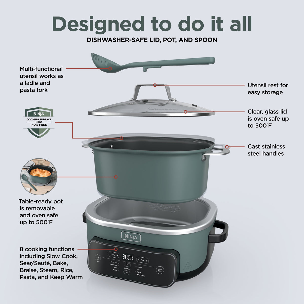 Ninja 8-in-1 PossibleCooker Plus 7.5 Qt Multi-Cooker, Slow Cooker, Steamer, Dutch Oven, MC2000 Sage Green