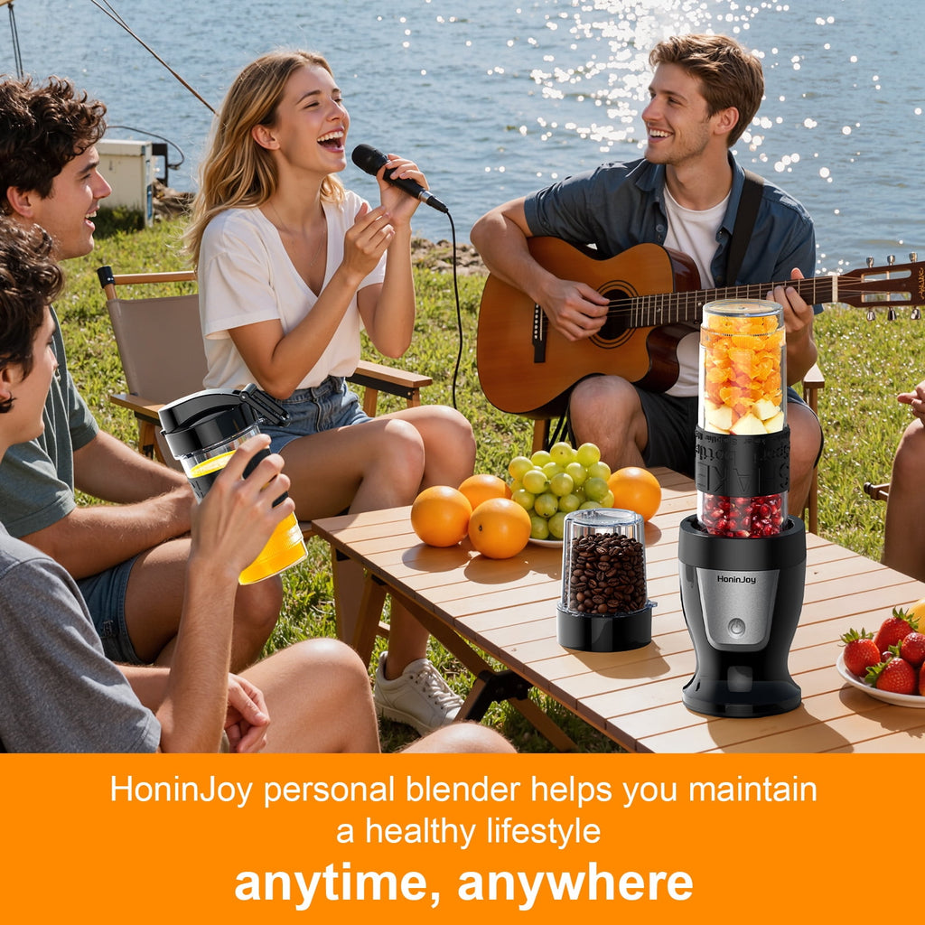 HoninJoy Portable Blender, Compact Personal Blender for-Smoothies, Shakes, Food Prep, and Frozen Blending, 20-oz. Cups and Spout Lids, Grinding Cup