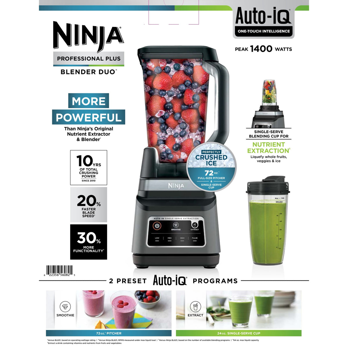 Ninja Professional Plus DUO 72-Oz Blender, Smoothies, Ice Crush, 2 Auto-iQ Preset Programs, 4 Speeds, 1400PW, BN750WH White