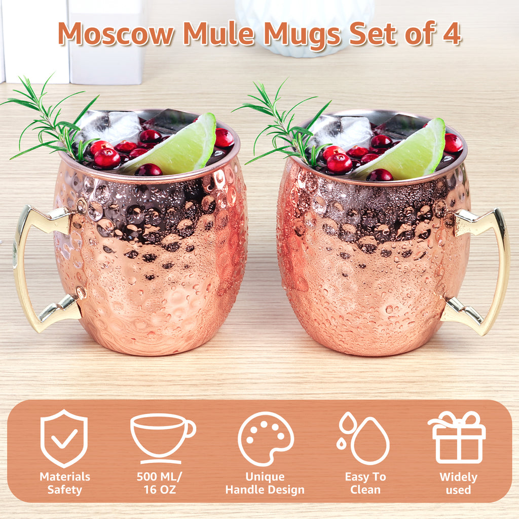 Jetcloudlive Moscow Mule Mugs Set of 2,16 oz Hammered Copper Cups with 304 Stainless Steel Lining and Gold Brass Handles,Perfect for Cold Drinks,Beer,Wine,Bars,Parties,Gifts