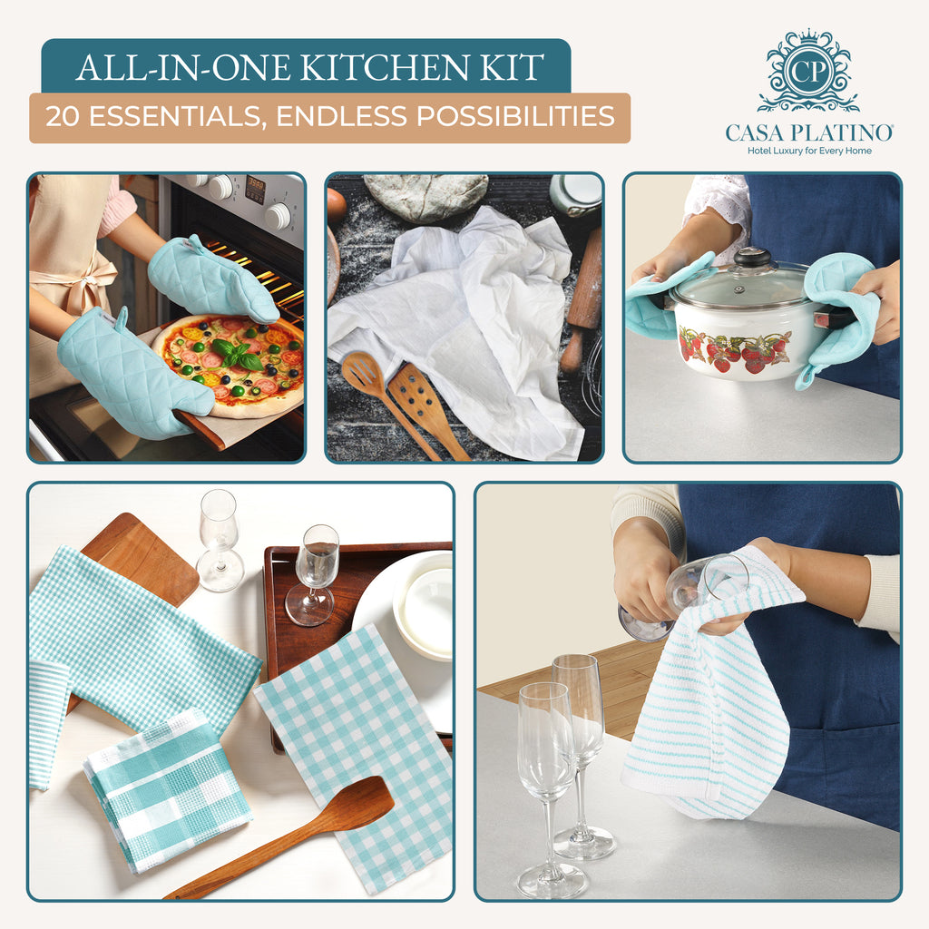 20 Piece Kitchen Towel Set - Cotton Dish Towels, Heat Resistant Kitchen Mittens and Pot Holder Set, Apron for Women with Pockets , Absorbent Dish Towels for Kitchen Drying - Olive