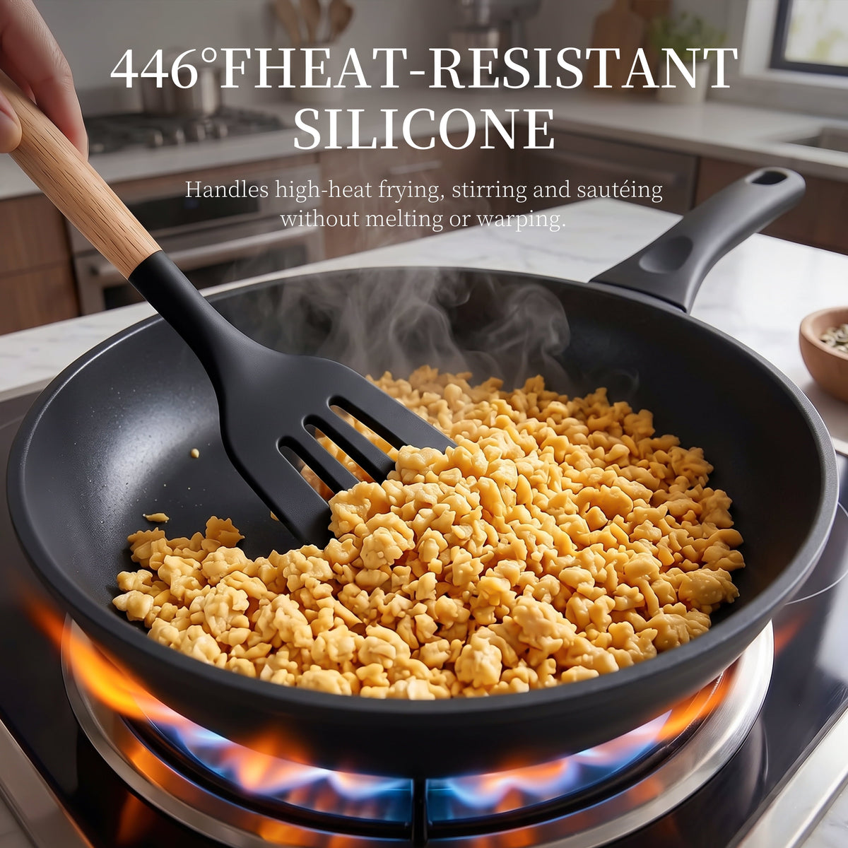 Silicone Cooking Utensils Set - Silicone Kitchen Utensils for Cooking Wooden Handles, 446°F Heat Resistant Kitchen Utensil Spatula Sets w Holder, Gadgets for Non-Stick Cookware BPA FREE (Black)
