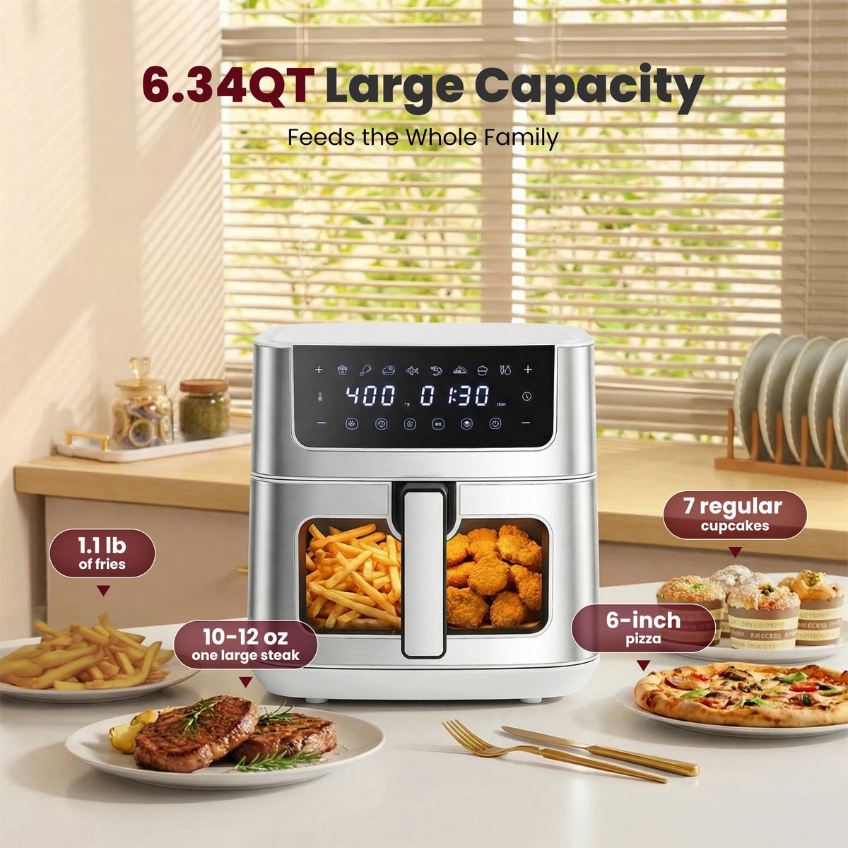 EDX 6QT Stainless Steel Air Fryer with Digital Touchscreen, 1500W, 8 Presets, Dishwasher Safe Basket, 90 Min Timer, 24H Delay Start, Gray