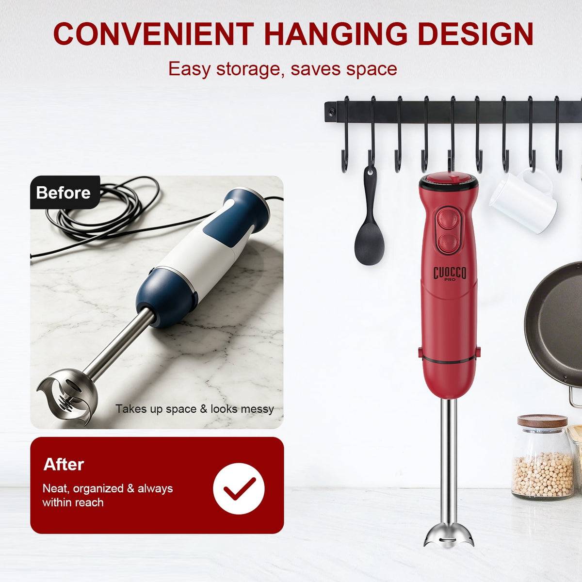 CUOCCO PRO Immersion Blender Handheld, 1100W Hand Blender with 21 Speeds & Turbo, Hand Mixer for Smoothies, Soups & Baby Food, Dishwasher Safe, Red