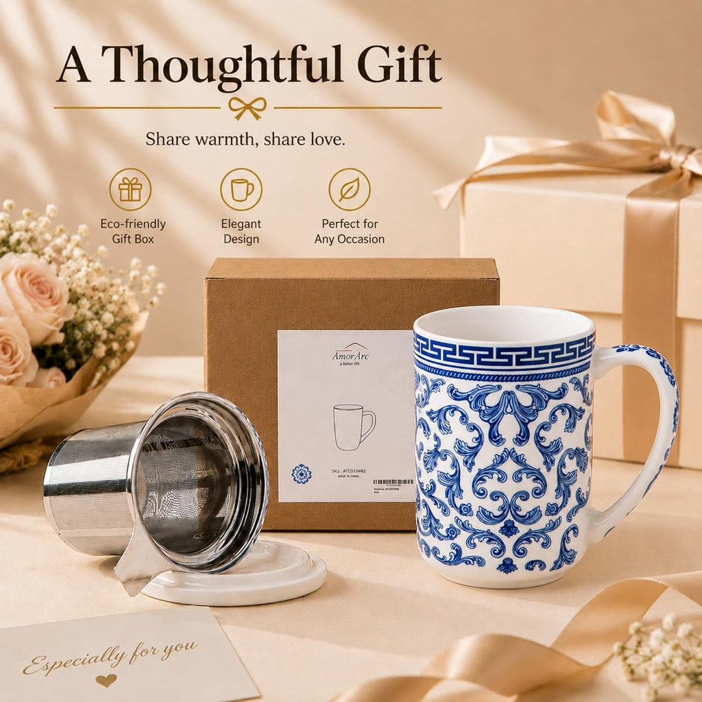 AmorArc Porcelain Tea Mug with Infuser and Lids, 18 Oz Cup Strainer Bag Holder for Loose Leaf Tea, Steeping Coffee Well-wrapped Box House-warming Wedding Birthday Gift, YelloRed
