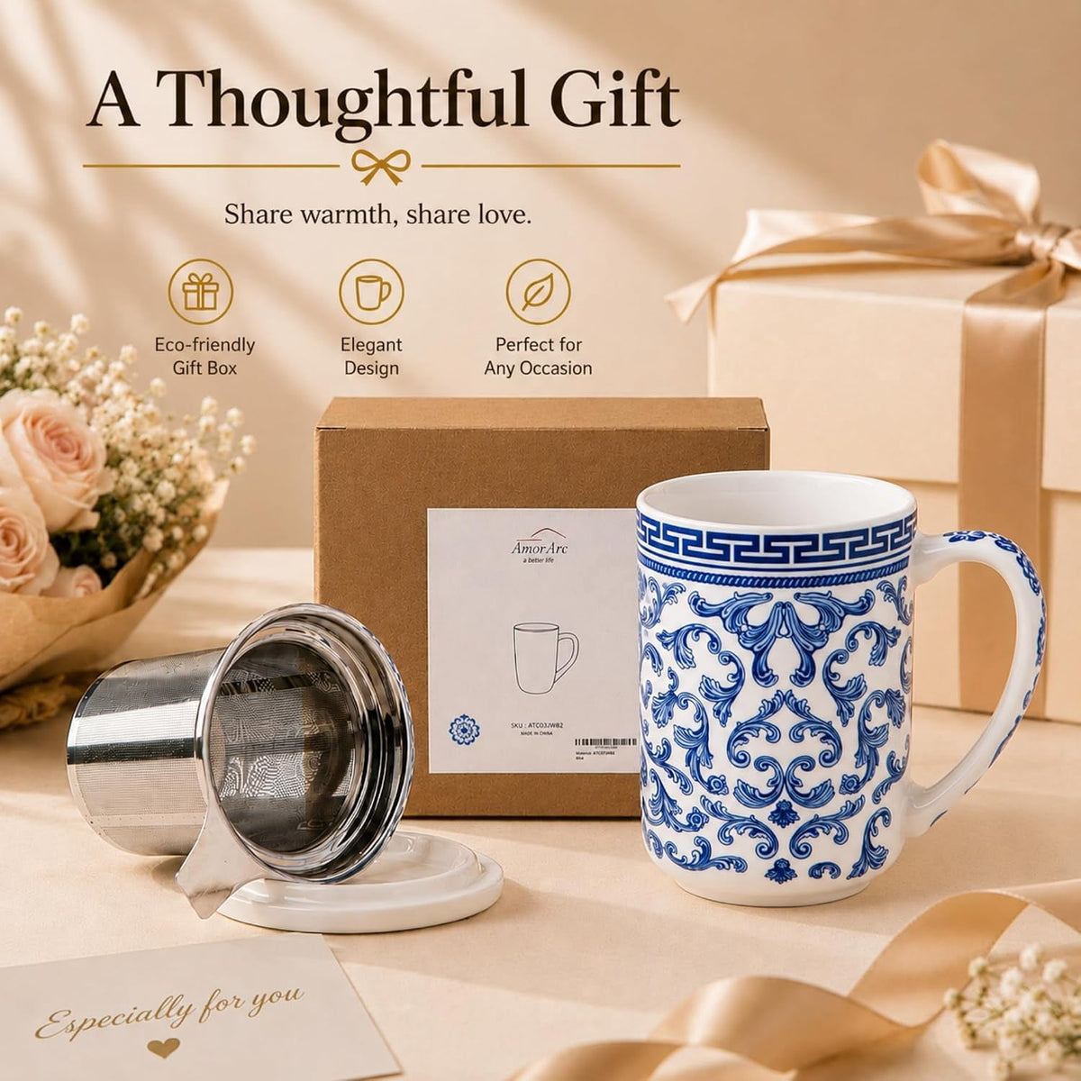 AmorArc Porcelain Tea Mug with Infuser and Lids, 18 Oz Cup Strainer Bag Holder for Loose Leaf Tea, Steeping Coffee Well-wrapped Box House-warming Wedding Birthday Gift, YelloRed