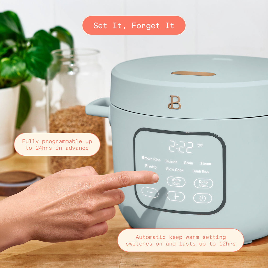 Beautiful 14-Cup Cooked, 6-Cups Uncooked Electric Rice and Grain Cooker, EverGood Ceramic Nonstick Coating, Thyme Green by Drew Barrymore