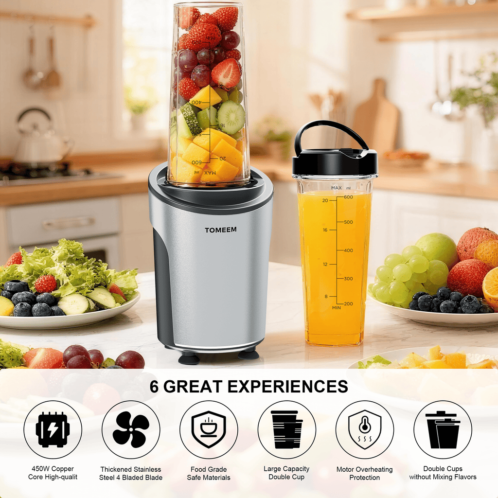 Tomeem Personal Blender for Smoothies and Shakes with Travel Lid, 20 oz No-BPA Portable Bottle, 450 W, 4-Blade, Black