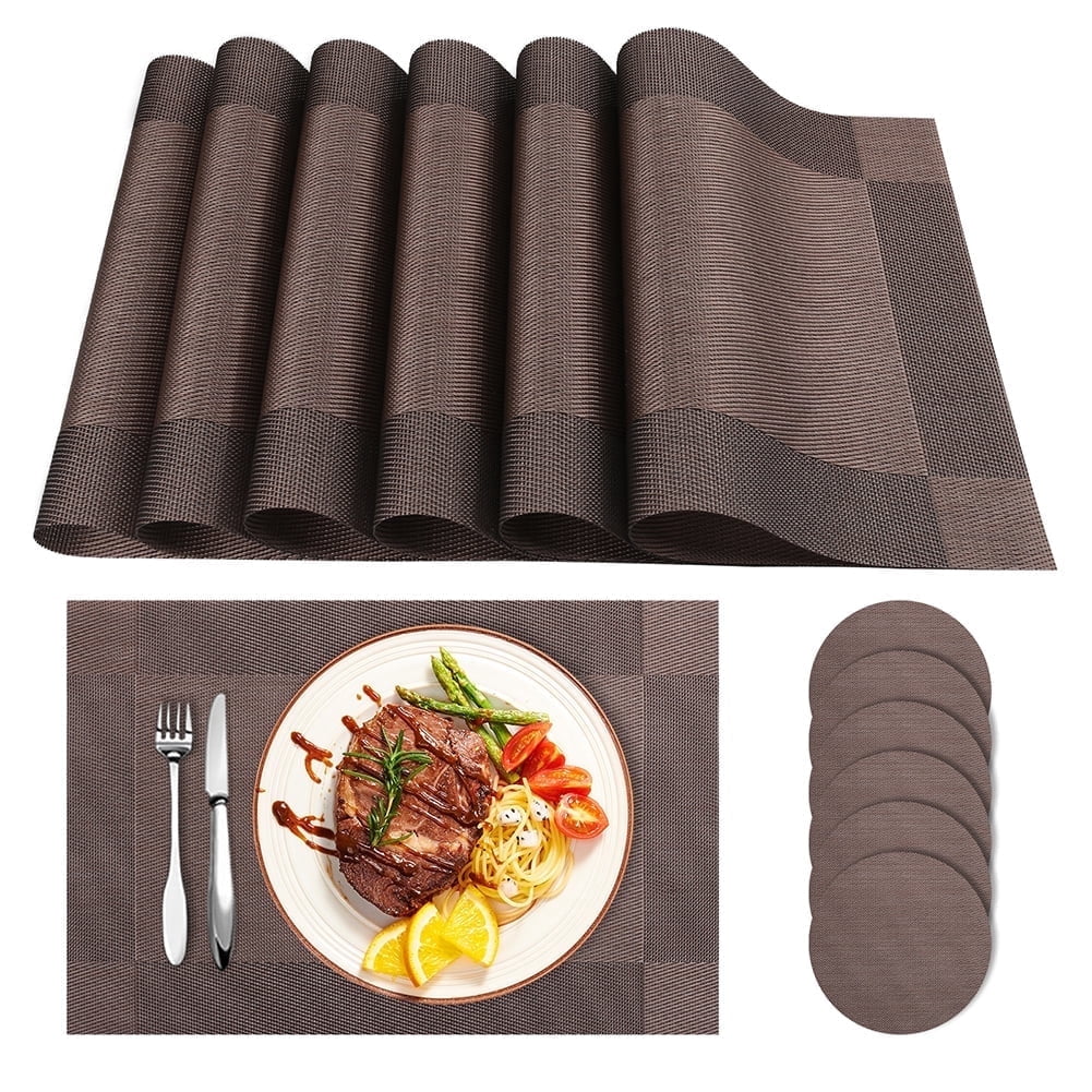 6pcs Placemats PVC Place Mats and Coasters Washable Non-Slip Heat Resistant Table Mats for Kitchen Dining Table Home Restaurant 12"×18", Sliver