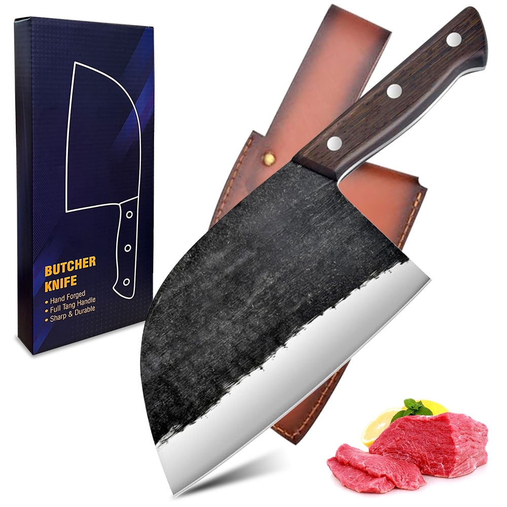 7-inch Meat Clever Knife Heavy Duty Butcher Knife High Carbon Steel Cutting Carving Knife Chef's,Chopping Knife with Leather,for Camping Hunting Outdoor