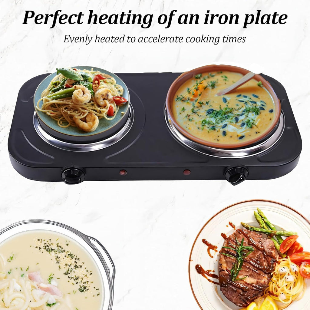 Electric Countertop Double Burner for Cooking, Portable 2000W Countertop Cast Iron Stove Burner, Hot Plate Temperature Controls with 5 Adjustable for RV/Home/Camp, Black