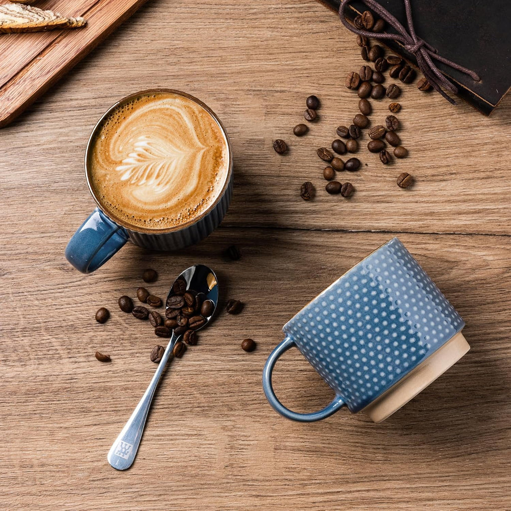 AmorArc 12OZ Stackable Ceramic Coffee Mugs with Texture Patterns, Modern Mug Set of 4 for Latte, Cappuccino and Cocoa, Dishwasher & Microwave Safe, off-white