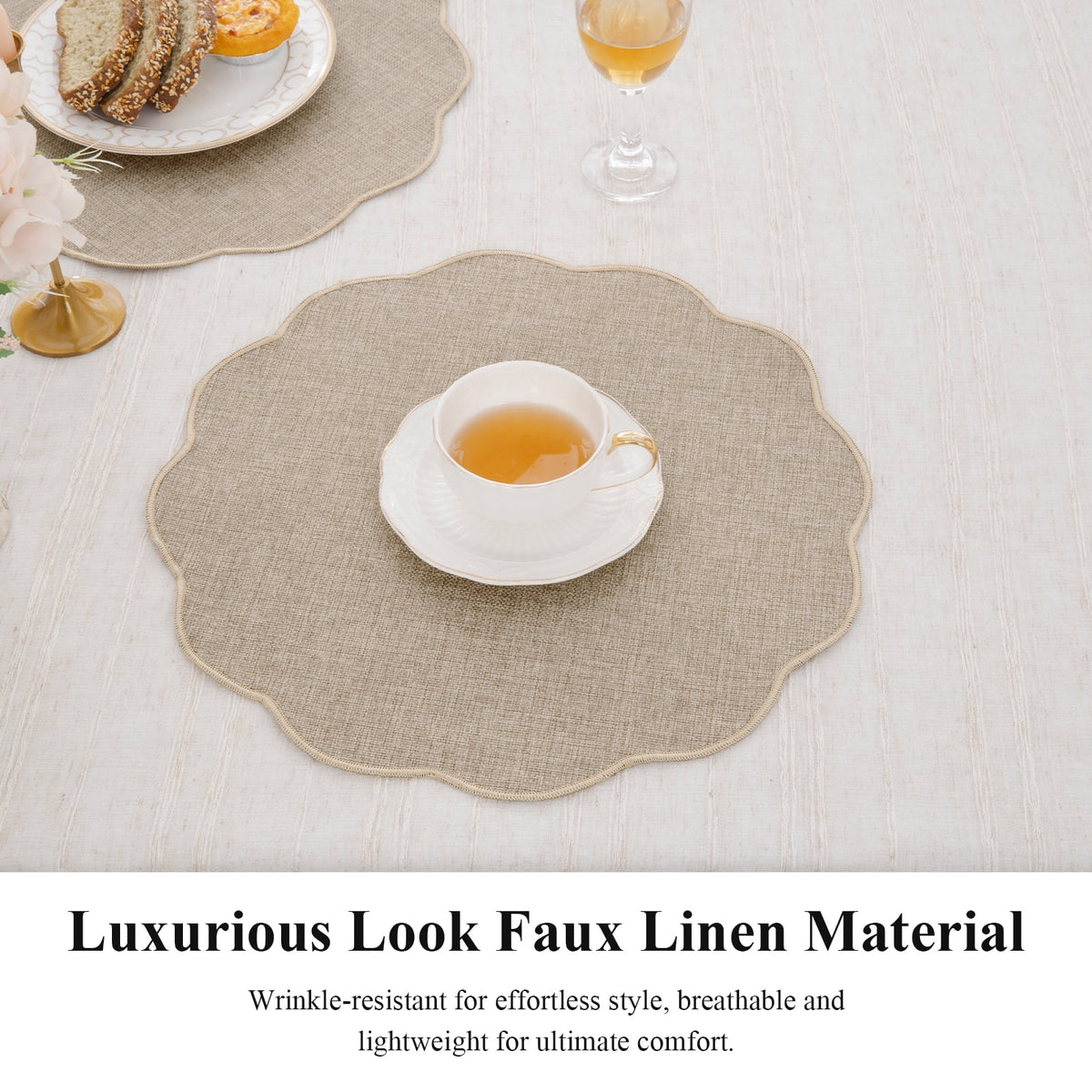 Ileading Scalloped Round Placemats Set of 6 Polyester Linen Blend Washable Non Slip Place Mats Easy Clean Heat Resistant Table Mats for Kitchen Dining Table Decor