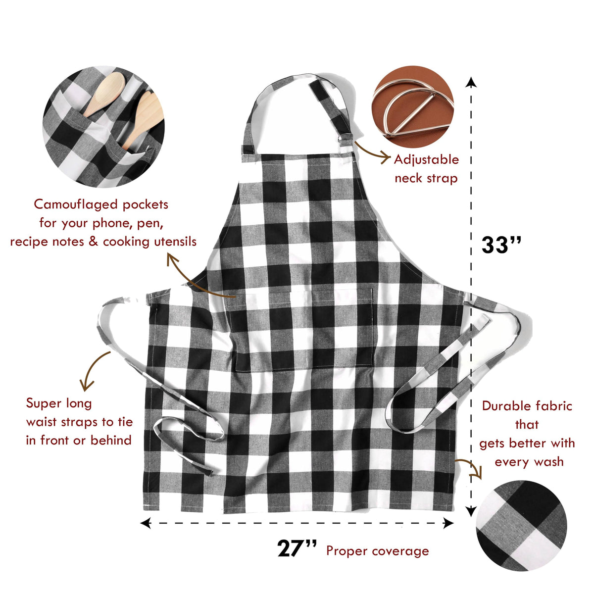 Softopia Cotton Buffalo Plaid Check 2 Pack Kitchen Aprons with Pocket 100% Cotton 27"x33" - Adjustable Neck Apron for Adults Cooking, Black White