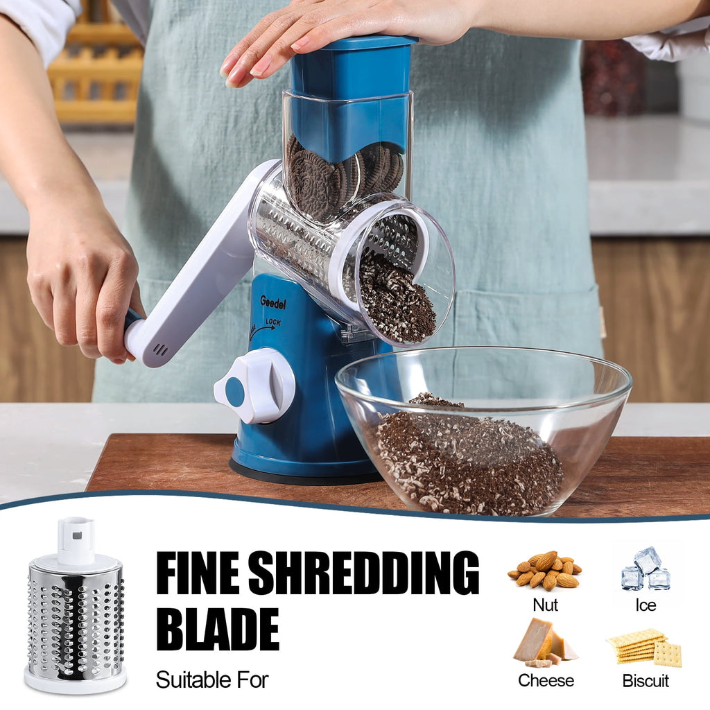 Geedel Rotary Cheese Grater, Kitchen Grater with Strong Suction Base, Dishwasher Safe, Easy to Clean Grater for Cheese,Vegetable, Nuts (3 Blades)