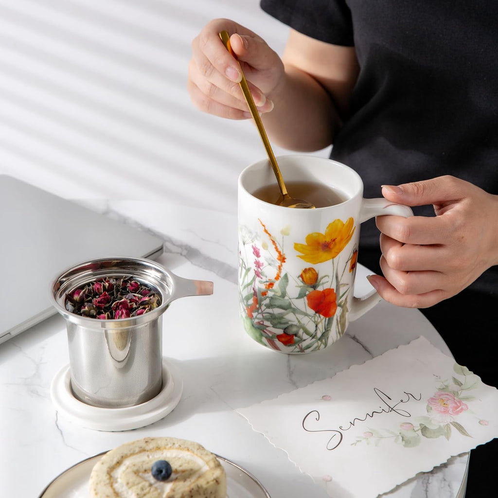 AmorArc Porcelain Tea Mug with Infuser and Lids, 18 Oz Cup Strainer Bag Holder for Loose Leaf Tea, Steeping Coffee Well-wrapped Box House-warming Wedding Birthday Gift, YelloRed