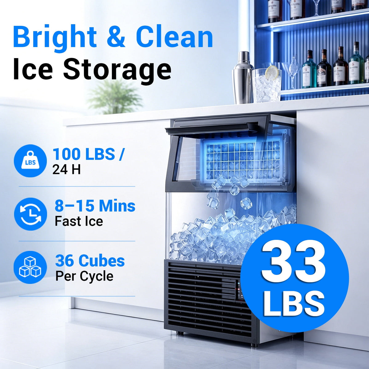 Ecojoy Commercial Ice Maker Machine, 150 Lbs/Day Stainless Steel Under Counter Ice Maker, 40Lbs Ice Storage Bin, Water Filter, 45 Cubes in 8-12 Mins