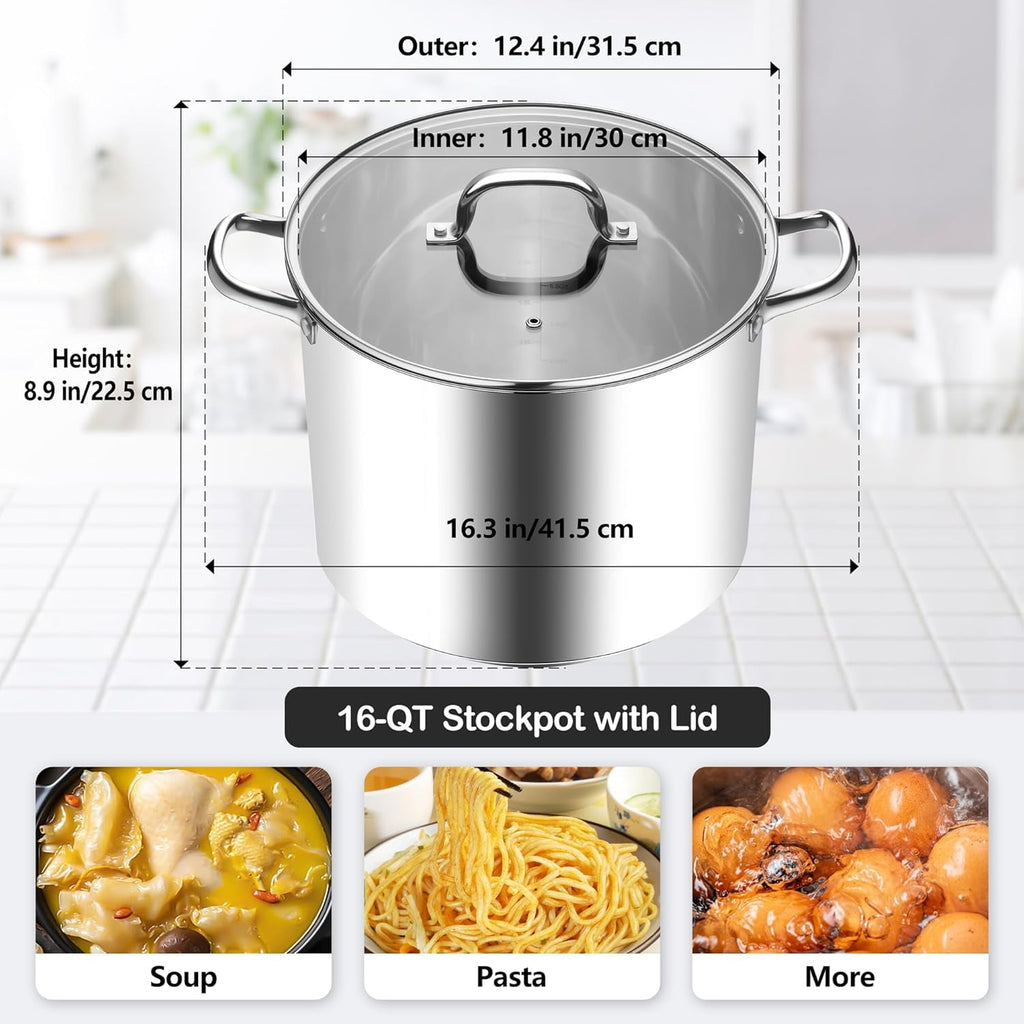 Coliware Large Stock Pot, 12 QT Trip-Ply Bottom Stainless Steel Cooking Pot with Tempered Glass Lid, Soup Pasta Cookware Compatible with Gas Induction Electric Stoves, Ollas de Cocina
