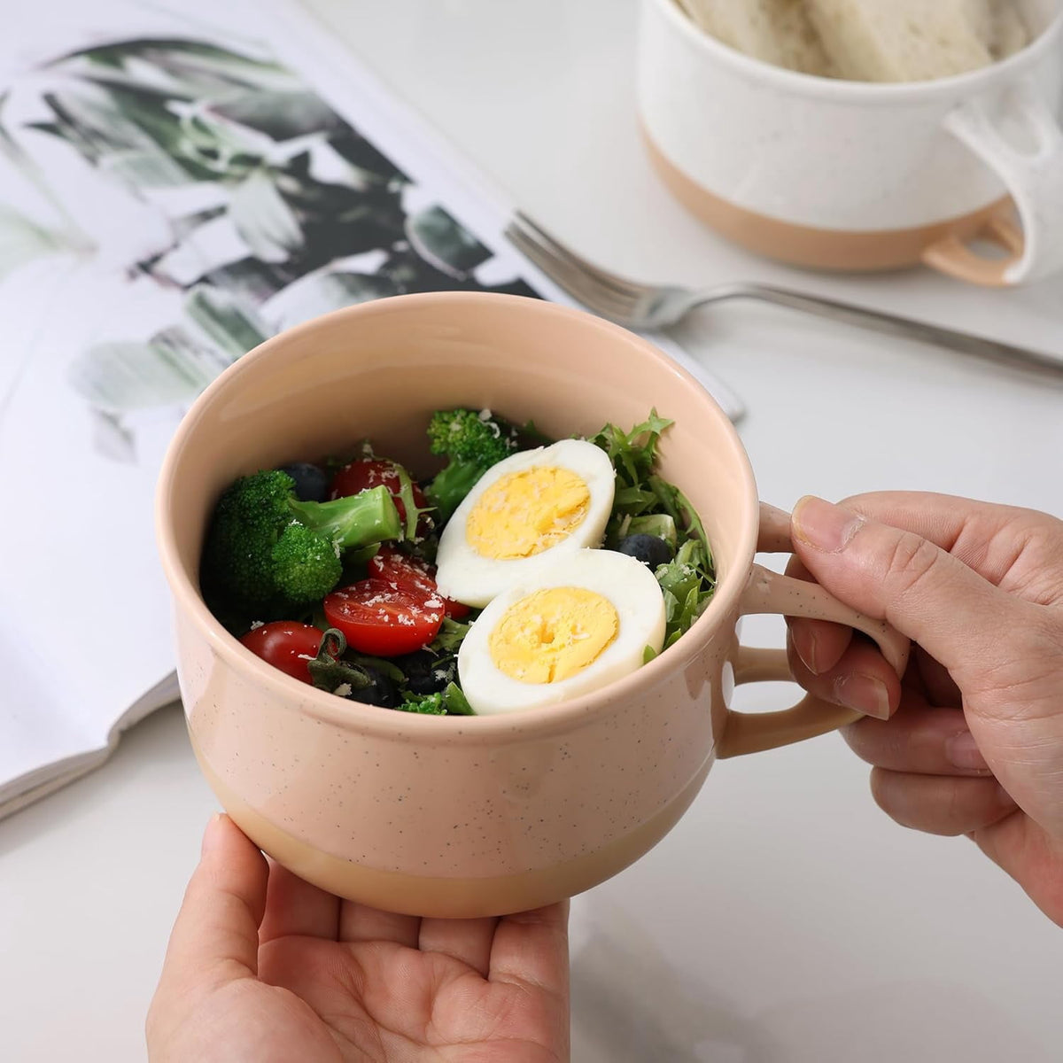 AmorArc Ceramic Soup Mugs with Handles and Lids,24 OZ Soup Cups Set of 2 with Terracotta Underside,Mug Bowls with Spoon for Soup/Cereal/Salad/Noodles/Ramen/Microware &Dishwasher Safe-White &Peach