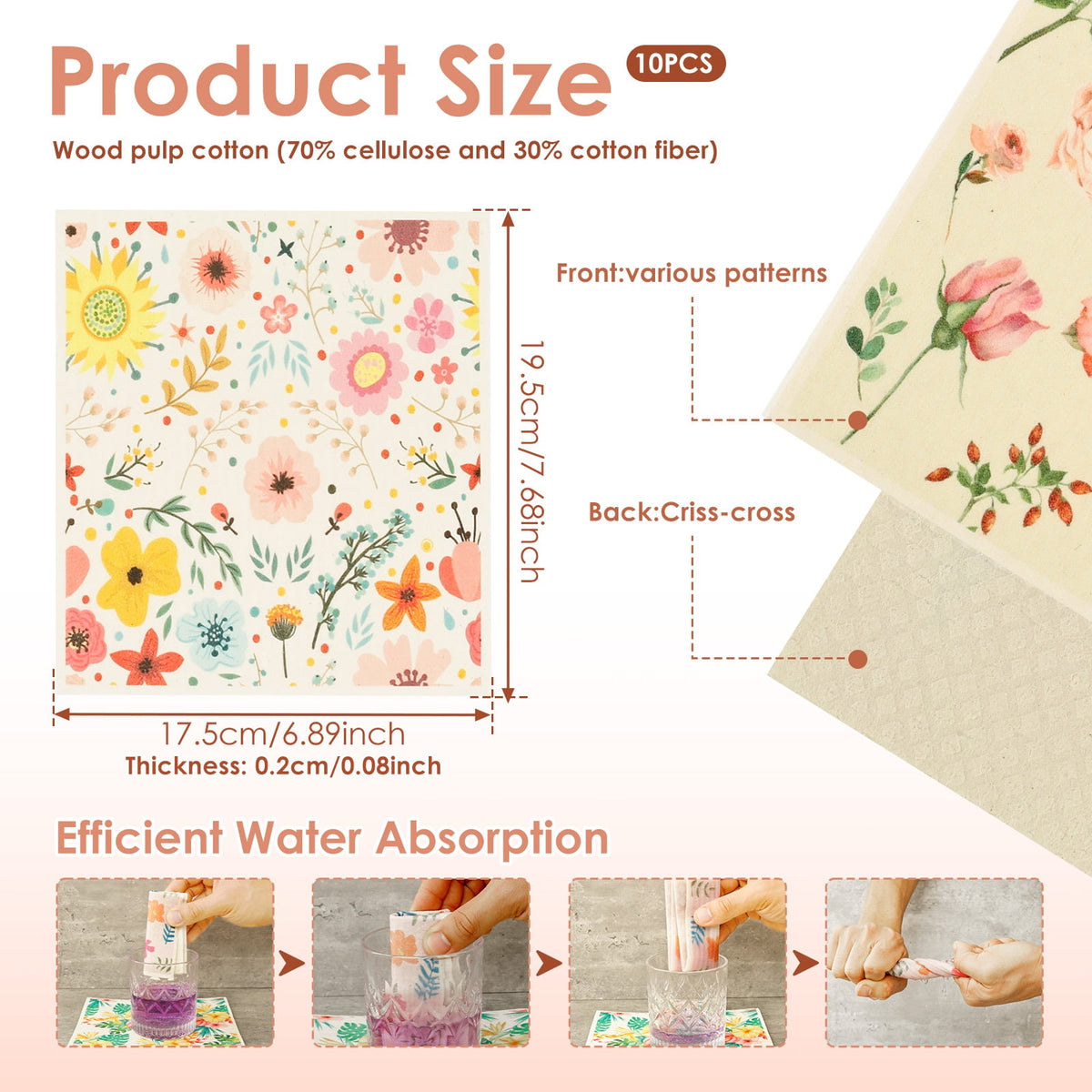10 Pcs Swedish Dishcloths Reusable Kitchen Dish Towels Absorbent Dishcloths Washable Cellulose Sponge Cloths Quick Drying Cleaning Cloths Soft Kitchen Dish Cloth, 7.7 x 6.7in