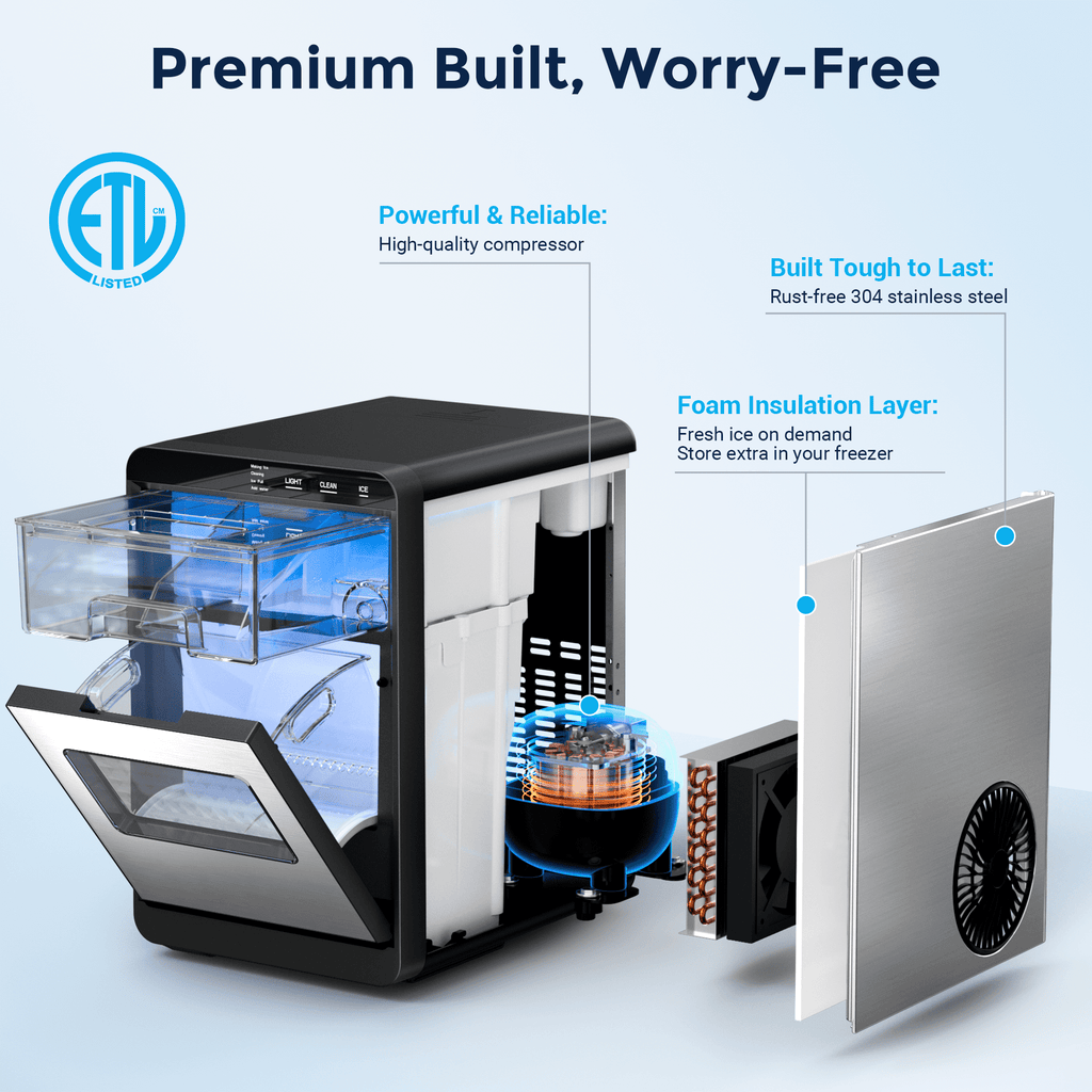Snowyermine Nugget Ice Maker Countertop, 44 lbs per Day, Soft, Chewable Sonic-Style Pebble Ice, One-Touch Self-Cleaning, Stainless Steel, Black, for Home, Kitchen, Office, RV and Camping