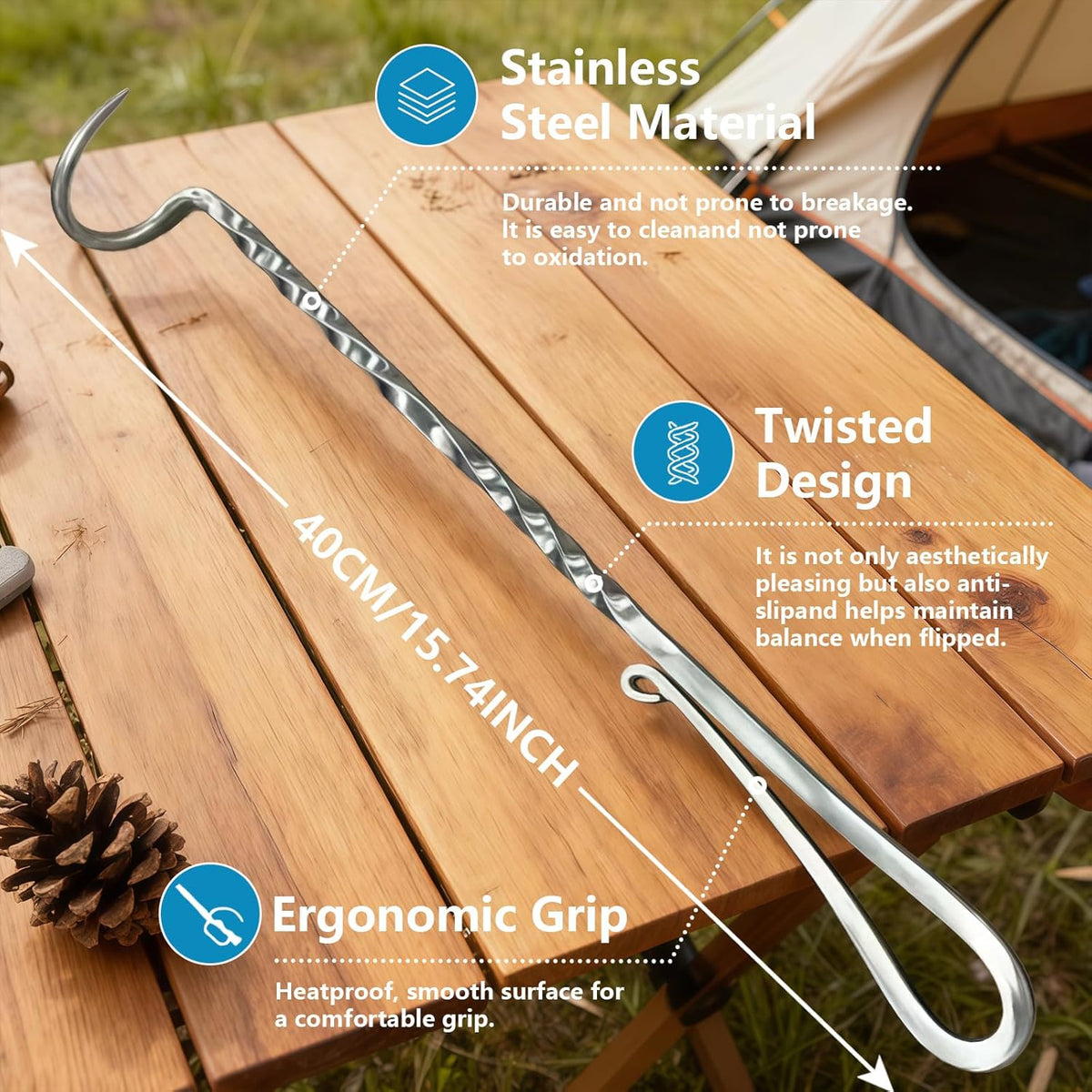 Meat Flipper, Grill Hooks for Turning, Heavy Duty Stainless Steel BBQ Turner Hooks with Long Handle for Flipping Ribs, Pork Shoulder, Roast on Smoker Grilling (Right Hand A)