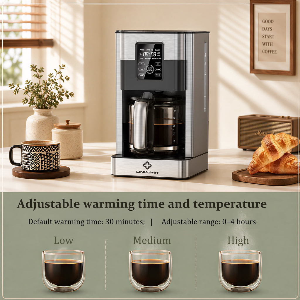 LINKChef Drip Coffee Maker 12 Cup Programmable Drip with Glass Carafe, 12-Hour Auto Brew Timer, Keep Warm Plate, Easy Clean Filter Basket