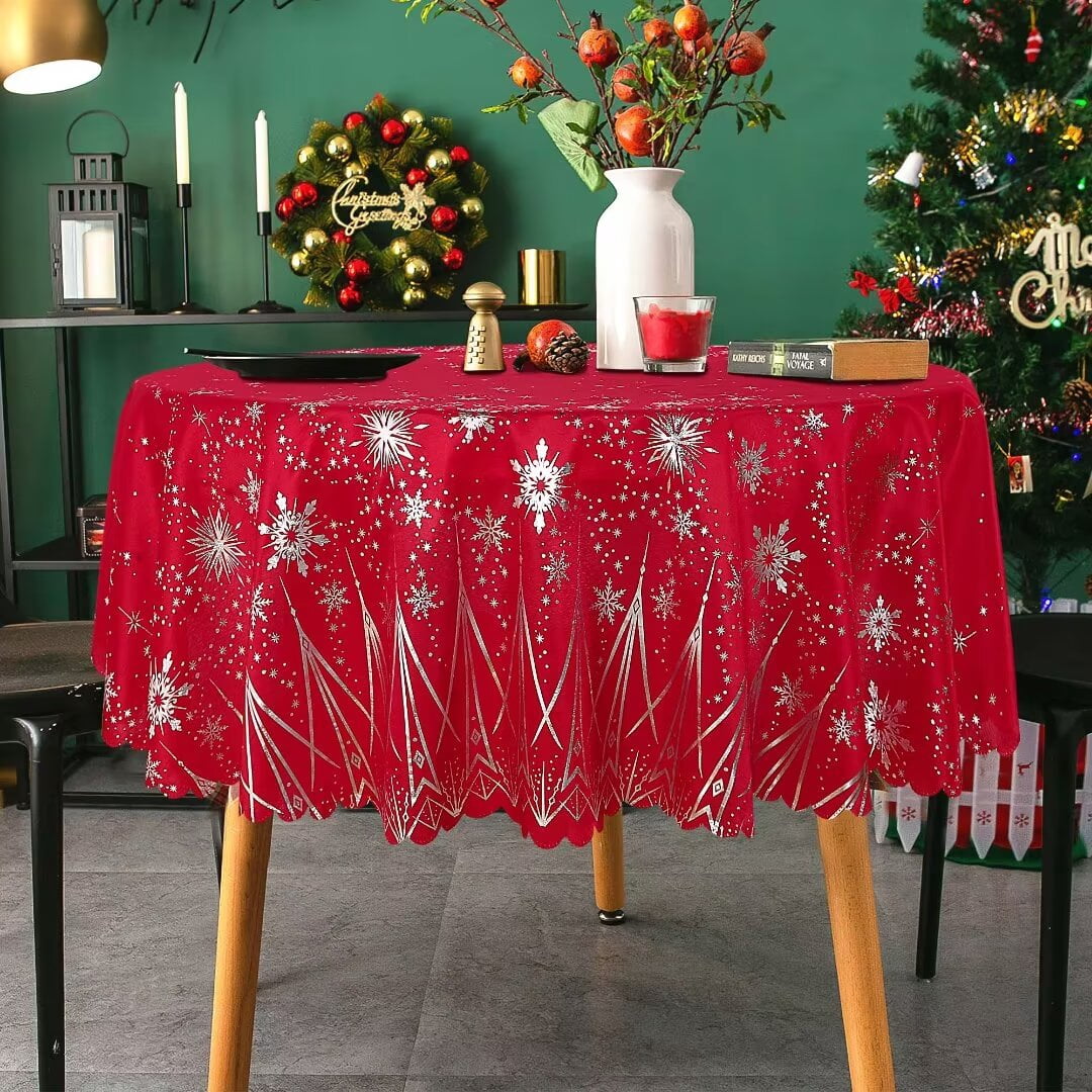 LUSHVIDA Christmas Tablecloths - Rectangle Foil Snowflake and Tree Table Cover Table Cloth Water Resistant Washshable Stain Resistant Decorative Tablecloth for Dining Festival - 60x84 inch 1 Pc