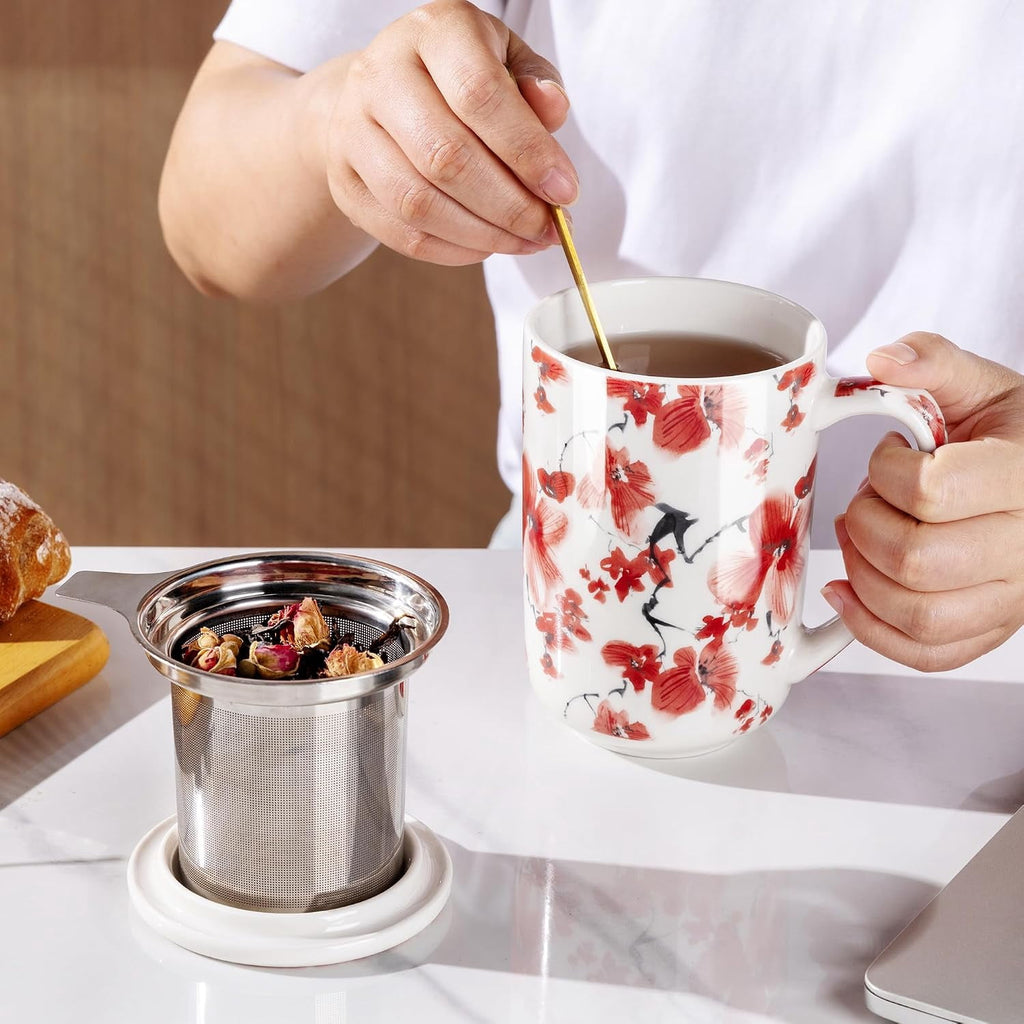 AmorArc Porcelain Tea Mug with Infuser and Lids, 18 Oz Cup Strainer Bag Holder for Loose Leaf Tea, Steeping Coffee Well-wrapped Box House-warming Wedding Birthday Gift, YelloRed