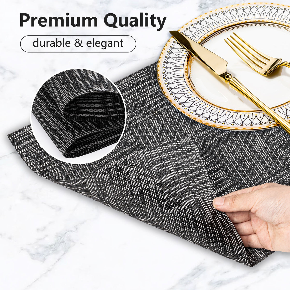 VCVCOO Navy Blue Placemats Set of 4 - Easy Clean Washable PVC Vinyl Placemats - Wipeable Heat Resistant Woven Table Mats for Dining Table - 12x18 inch