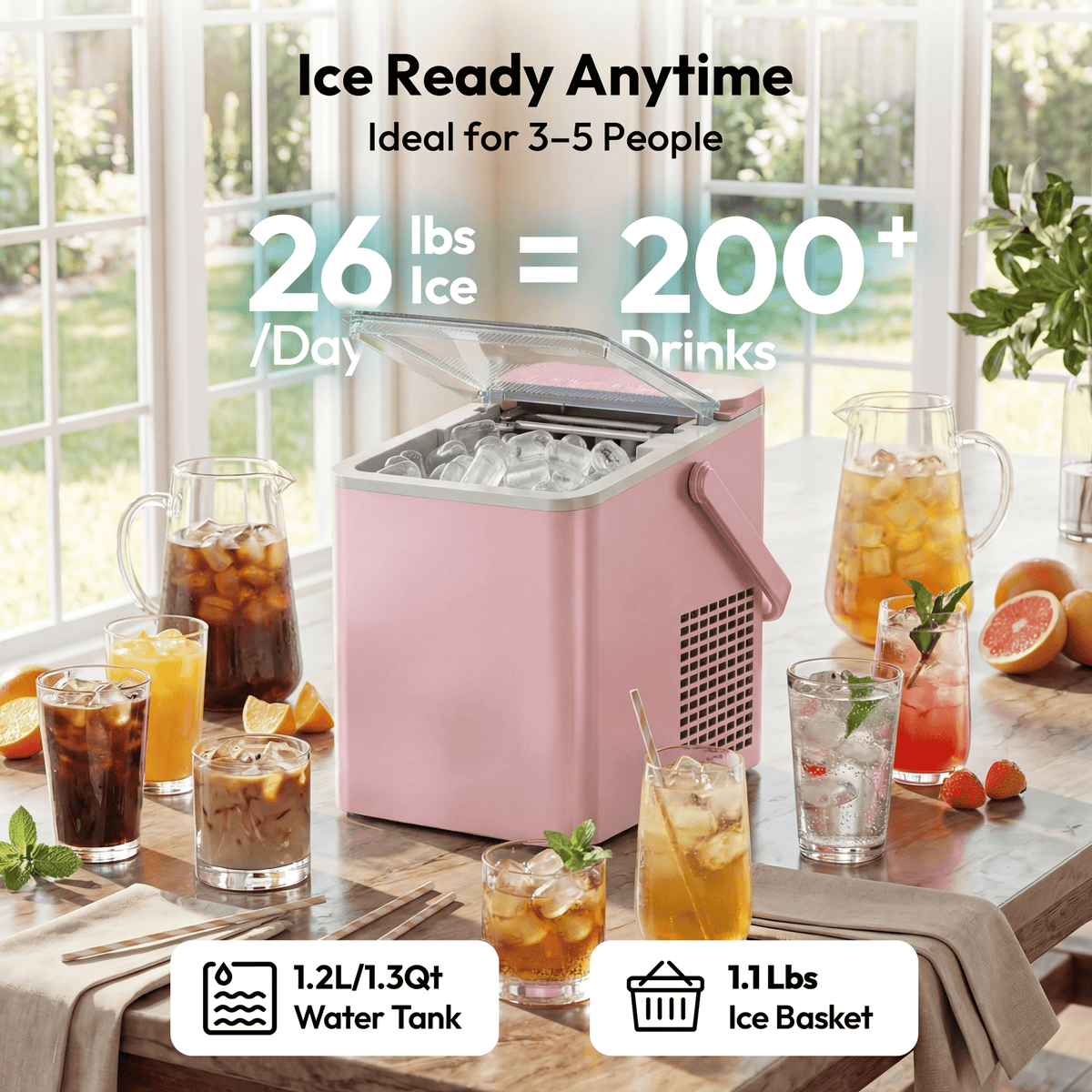 EUHOMY Countertop Ice Maker with Handle, 26 lbs/Day Portable Ice Machine, 9 Bullet Cubes in 6 Minutes, 2 Ice Sizes, Self-Cleaning, 1.1L Water Tank, Black