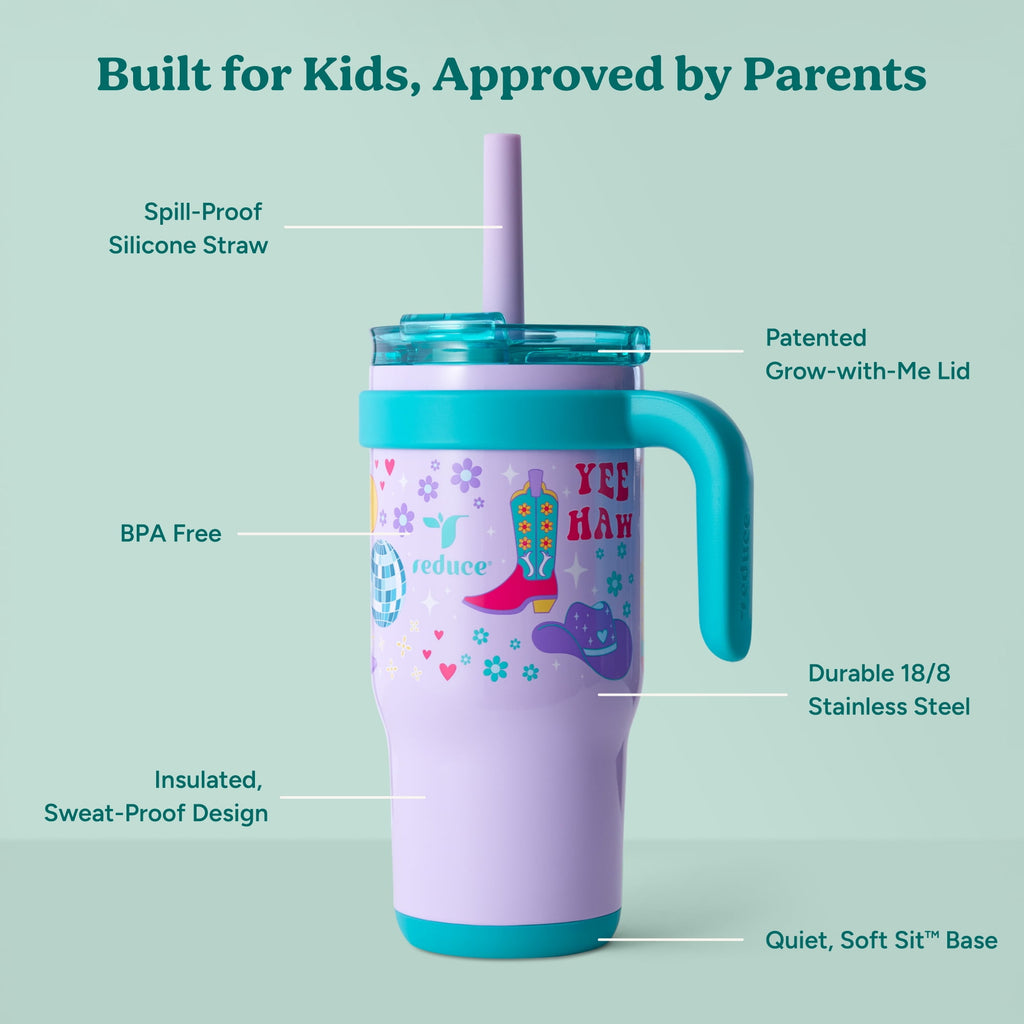 Reduce Coldee Kids Insulated Tumbler with Straw, 18oz Stainless Steel Spill-Proof Cup with Handle, Smiles