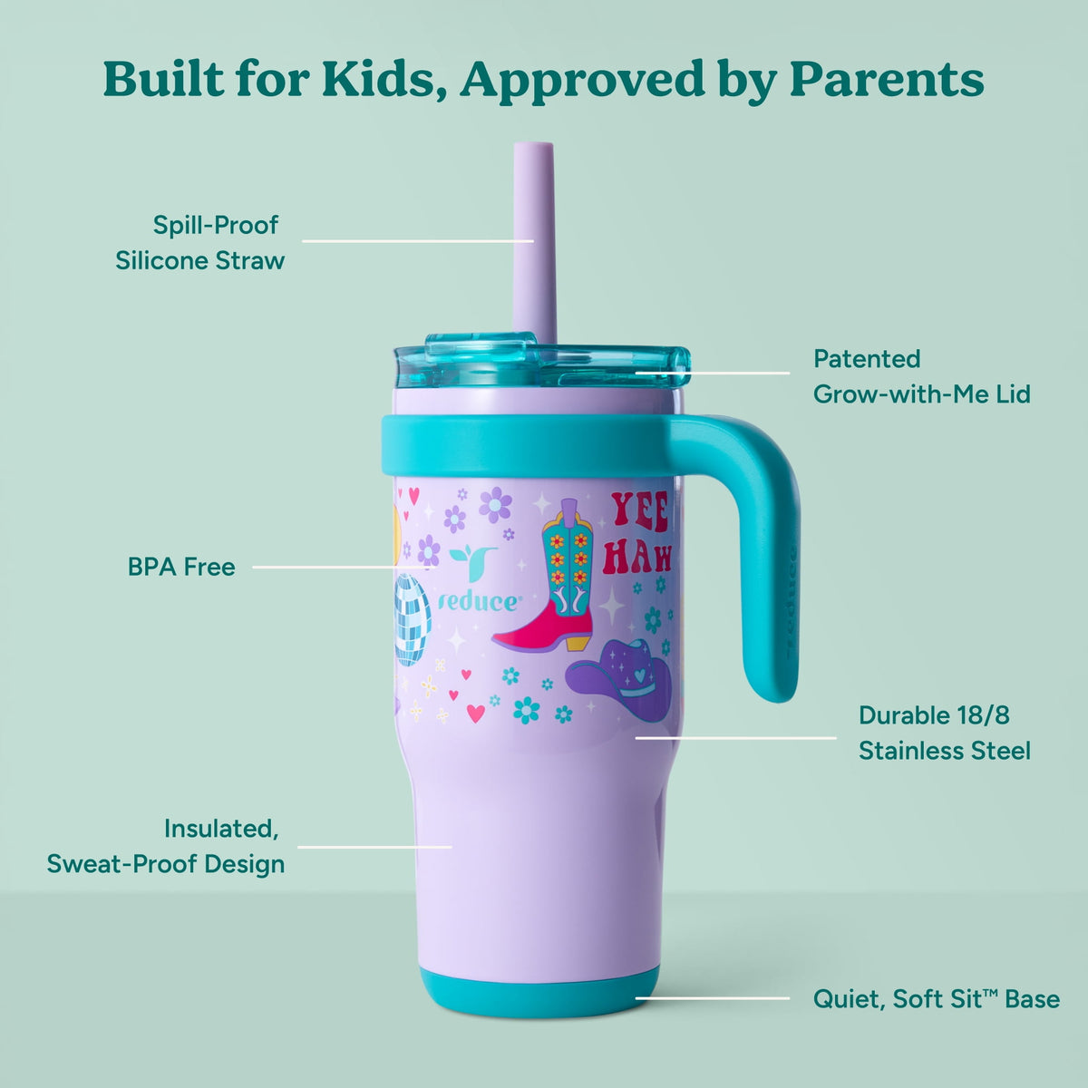 Reduce Coldee Kids Insulated Tumbler with Straw, 18oz Stainless Steel Spill-Proof Cup with Handle, Smiles