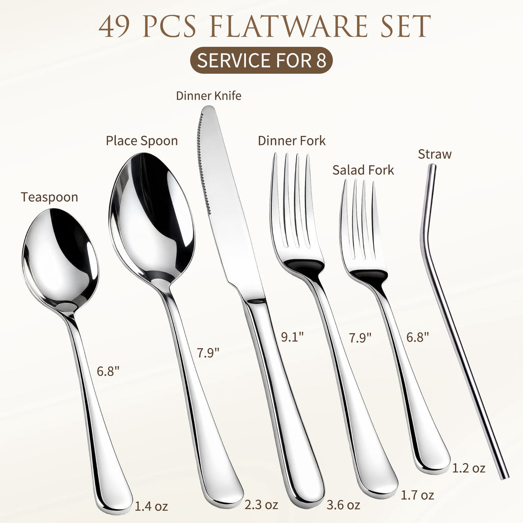 Kikcoin Silverware Set for 8, 49 Pcs Stainless Steel Flatware Set, Mirror Polished Tableware Cutlery for Home, Restaurant, Dishwasher Safe