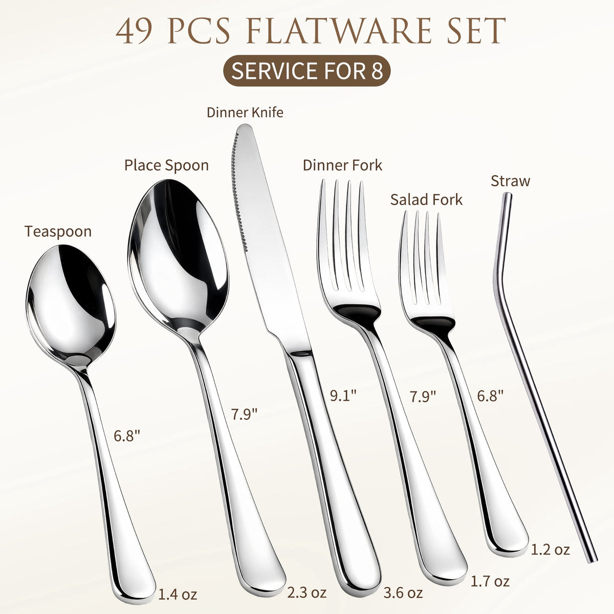 Kikcoin Silverware Set for 8, 49 Pcs Stainless Steel Flatware Set, Mirror Polished Tableware Cutlery for Home, Restaurant, Dishwasher Safe
