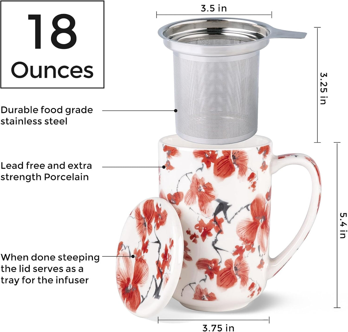 AmorArc Porcelain Tea Mug with Infuser and Lids, 18 Oz Cup Strainer Bag Holder for Loose Leaf Tea, Steeping Coffee Well-wrapped Box House-warming Wedding Birthday Gift, YelloRed