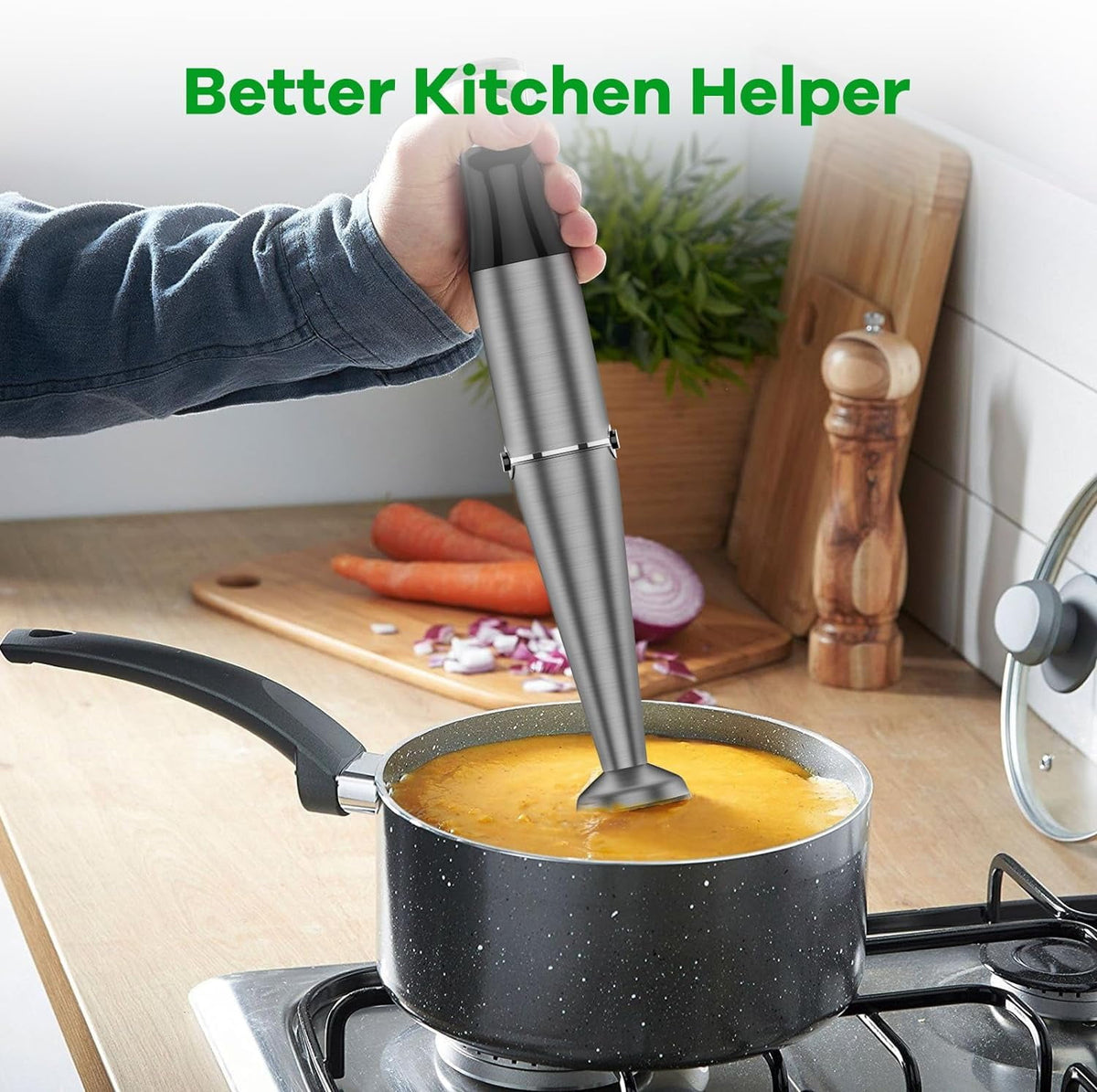 Bitrel Immersion Blender, 1100W 5-in-1 Multi-Speed Hand Blender with 21oz Beaker, Chopper, Whisk & Milk Frother, Ideal for Soup, Baby Food, Sauces, Smoothies & Purees