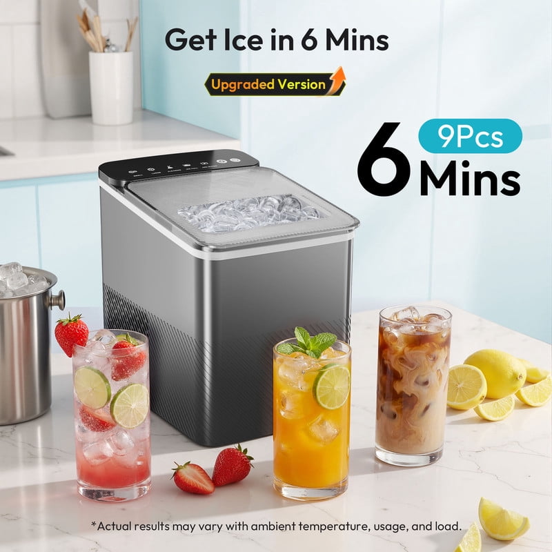 EUHOMY Countertop Ice Maker with Handle, 26 lbs/Day Portable Ice Machine, 9 Bullet Cubes in 6 Minutes, 2 Ice Sizes, Self-Cleaning, 1.1L Water Tank, Black