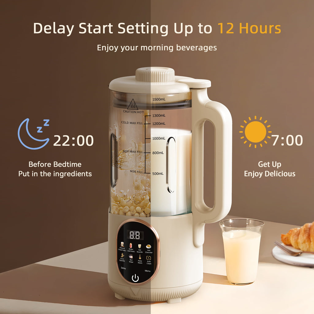 Luxmo 50oz Automatic Nut Milk Maker, Homemade Hot Soy Milk Almond Cow Maker Machine, 10-in-1 Plant-Based & Dairy-Free Beverage Oat Milk Maker with Delay Start, Keep Warm, Boil Water(1500ML)