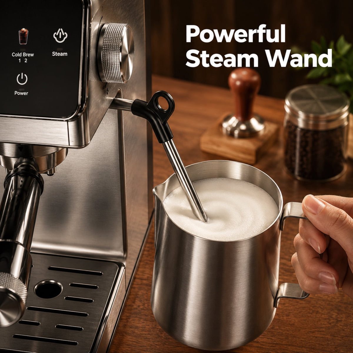 20-Bar Espresso Machine with Rapid Cold Brew, Stainless Steel Coffee Maker, 40oz Removable Water Tank for Cappuccino & Latte, Silver
