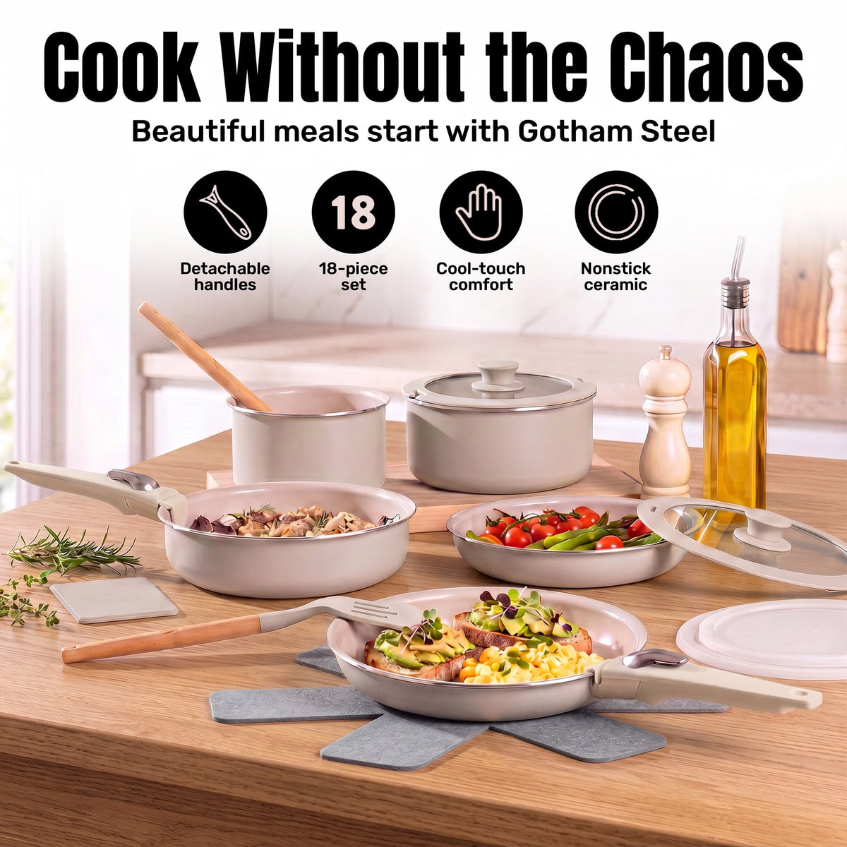 Gotham Steel 18 Pcs Pots and Pans set Non Stick, Ceramic Pan Cookware Set W/ Detachable Handle, RV Kitchen Cooking Set with Secure Lock Removable Handles, Oven Safe Nonstick Pan Set, Blue