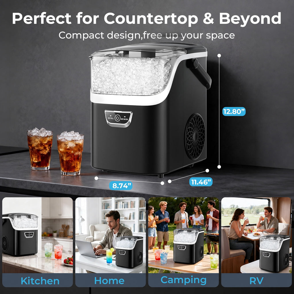 Snowyermine Nugget Ice Maker Countertop with Handle, 35lbs/Day Portable Pebble Ice Machine, Chewable Sonic Ice Ready in 5 Mins, Anti-Fingerprint Matte Self-Cleaning Ice Maker for Home, Kitchen, Party